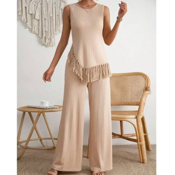 Apricot Boho Womens Fringe Hem Tank Top & Wide Leg Pants - Picture 1 of 4
